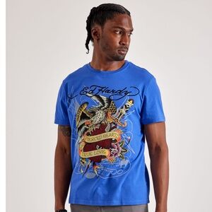 Ed Hardy Blue Graphic Tee with Eagle Design